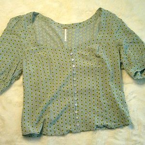 Free People - Mint green with flowers round neck short puffer sleeve Blouse - M